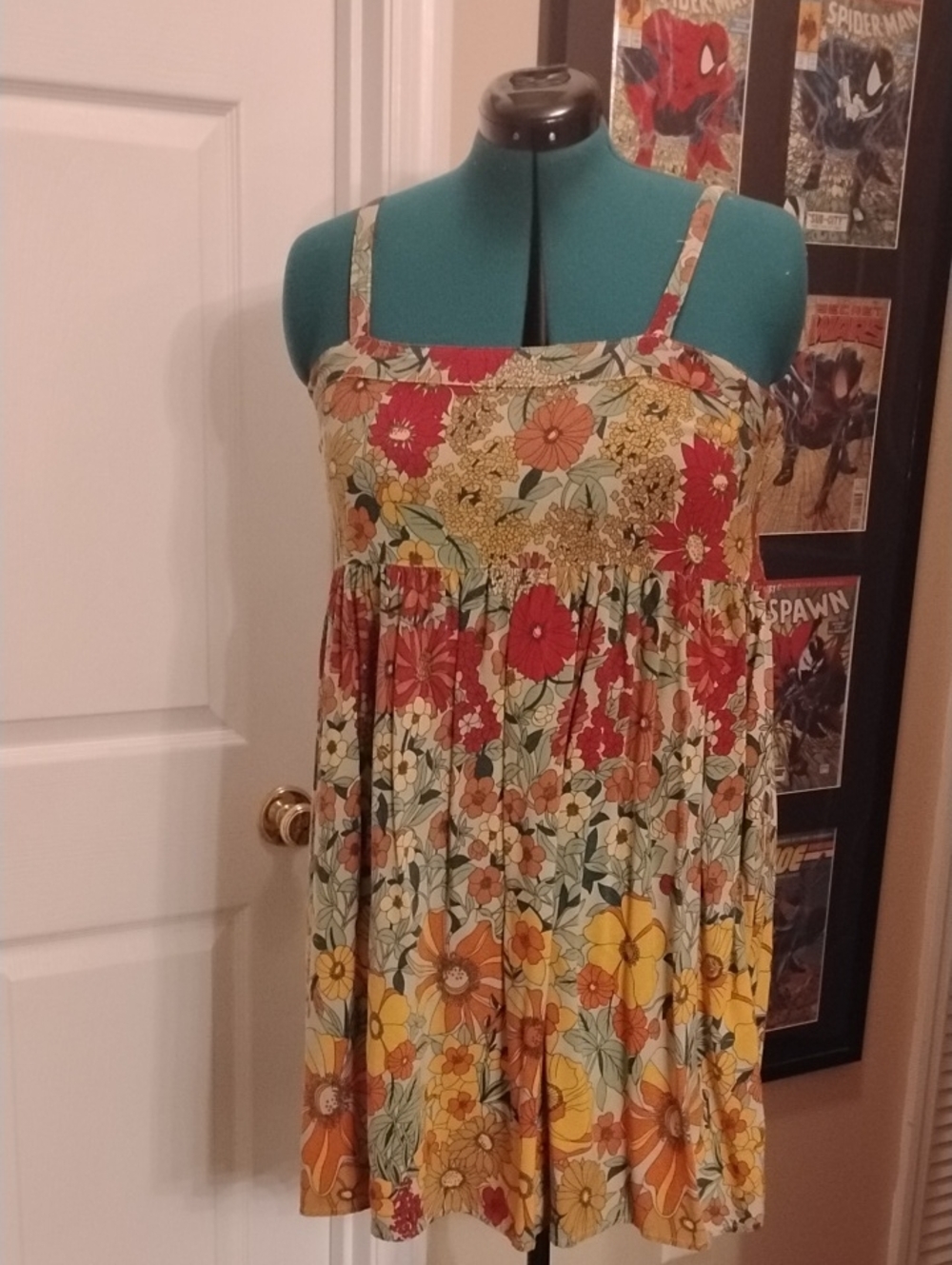 NATURAL LIFE Floral Babydoll Mini Dress in Red, Yellow, Orange, Green